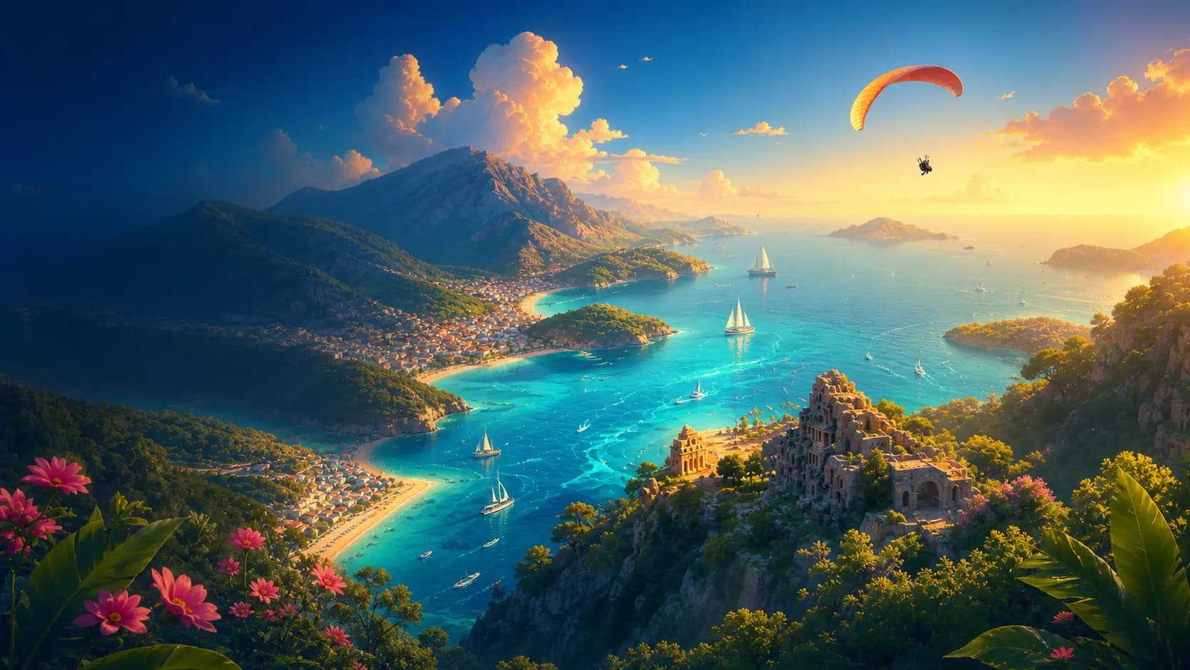 Fethiye kıyıları ve yamaç paraşütleri Fethiye kıyıları ve yamaç paraşütleri